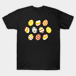 Egg Pattern | Yellow Orange Gray | Stripes Clouds Flowers Dots | Black T-Shirt